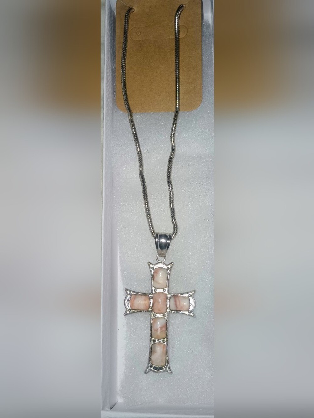 Silver Cross Pendant Necklace with Soft Pink Shell Inlay